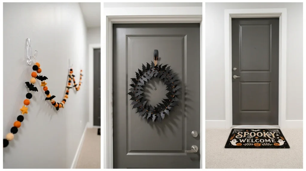 Clean three-panel collage of apartment hallway details
