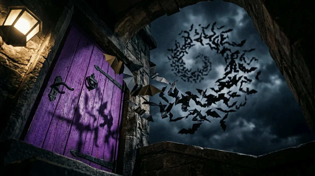 Dramatic low-angle close-up looking up a vivid purple door