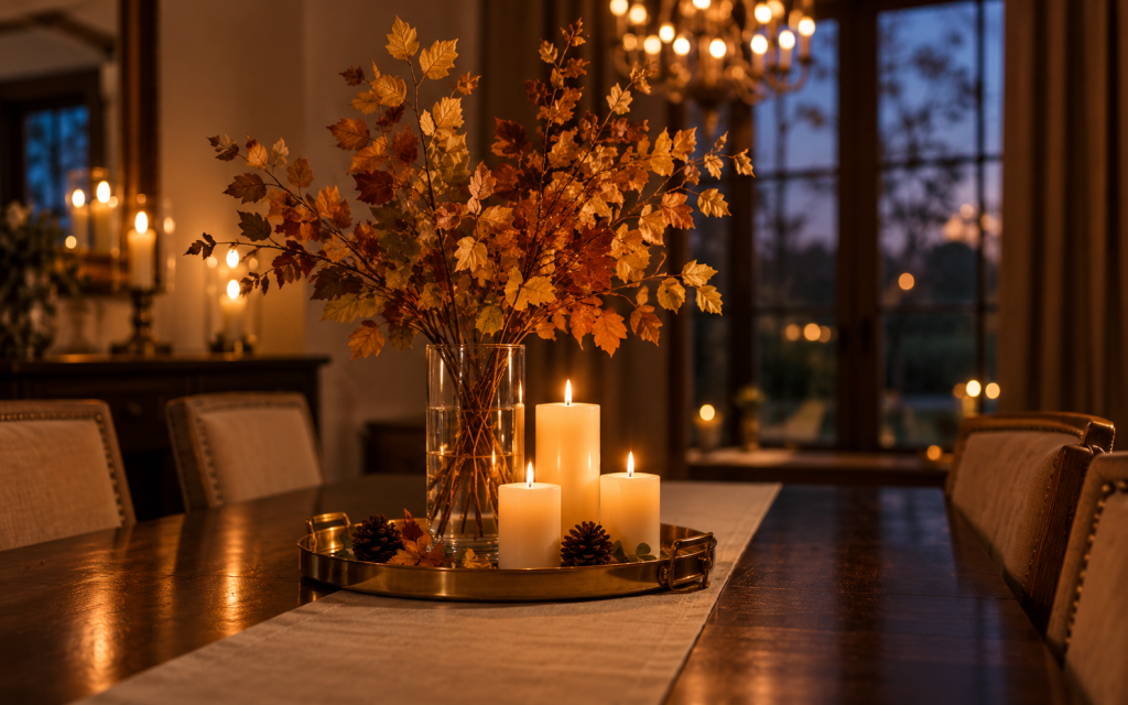 Fall Centerpieces for Table: 10 Easy DIY Ideas for Autumn 4 Candlelit dining room scene at dusk