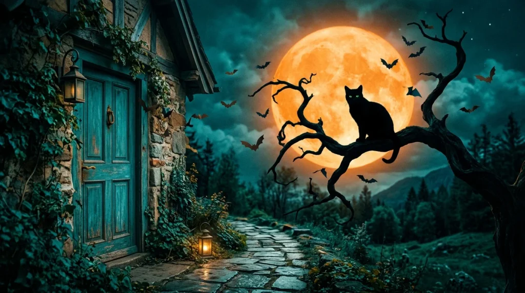 Cinematic moonlit photograph of a teal-blue door with a huge glowing orange moon
