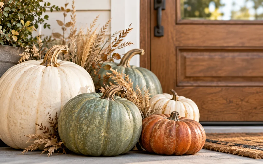 Fall Front Porch Decor 2026: 21 Cozy Budget-Friendly Ideas 3 Close-up, slightly low-angle photo of layered cream