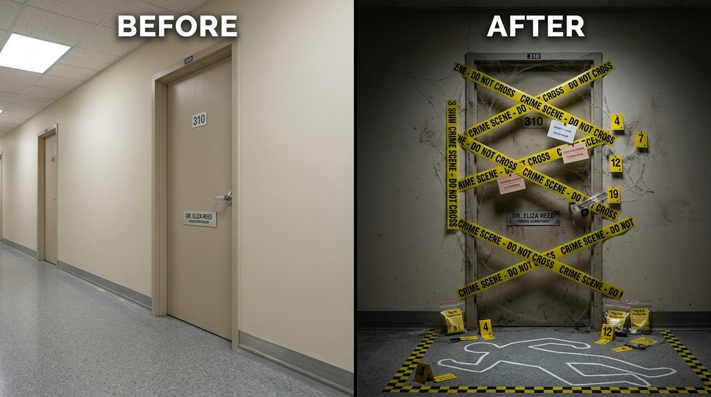 Split-screen before and after in a corporate hallway