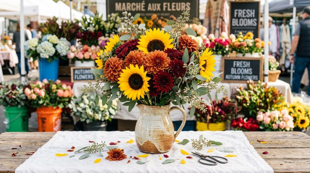 Fall Centerpieces for Table: 10 Easy DIY Ideas for Autumn 8 colorful flower-market style photo of a rustic ceramic pitche