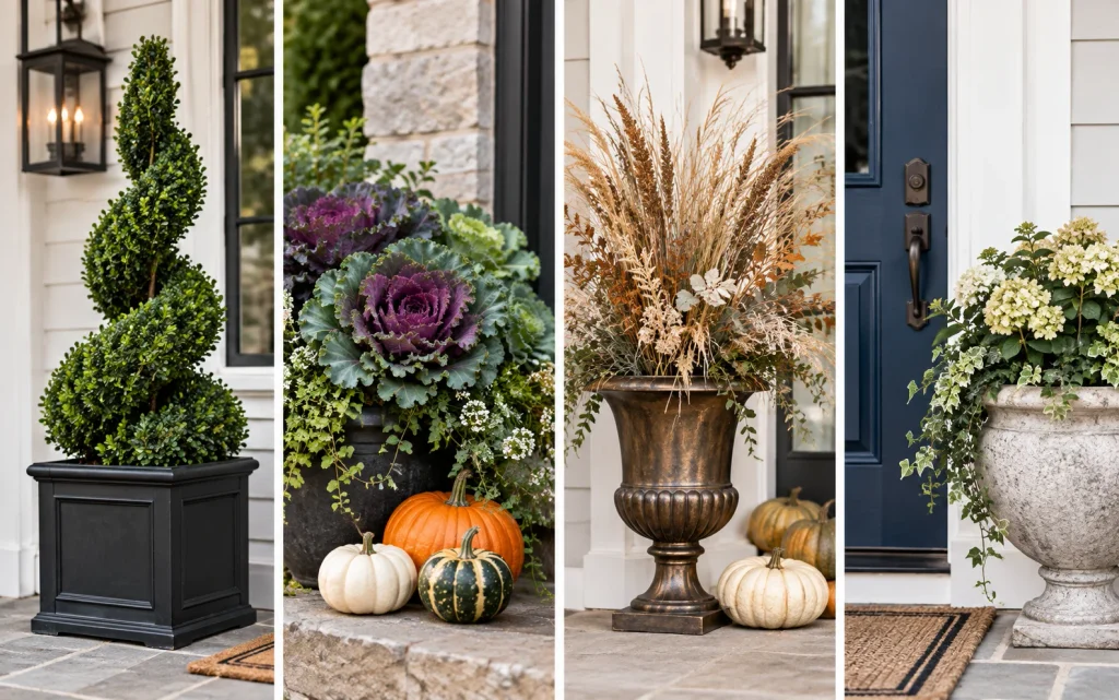 Fall Front Porch Decor 2026: 21 Cozy Budget-Friendly Ideas 4 Four-panel collage of topiary porch details