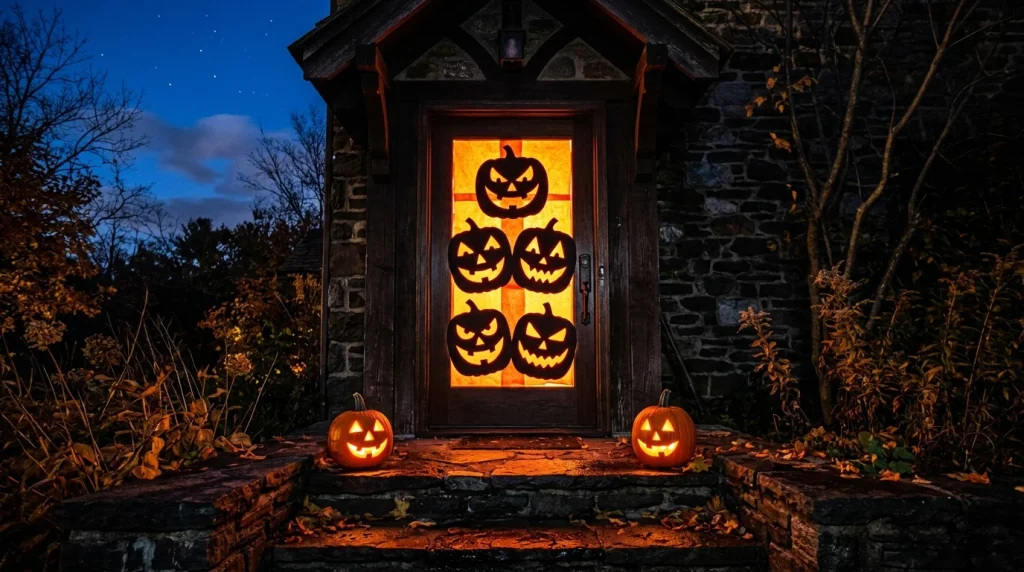 Long-exposure night photograph of a dark front door