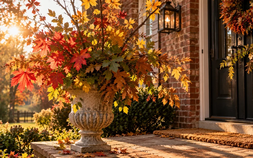 Fall Front Porch Decor 2026: 21 Cozy Budget-Friendly Ideas 18 Large stone urn filled with wild maple and oak branches in red