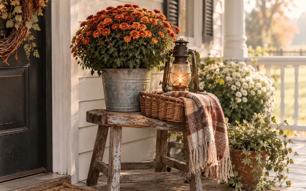 Fall Front Porch Decor 2026: 21 Cozy Budget-Friendly Ideas 20 Lifestyle scene of an old wooden stool holding a potted mum