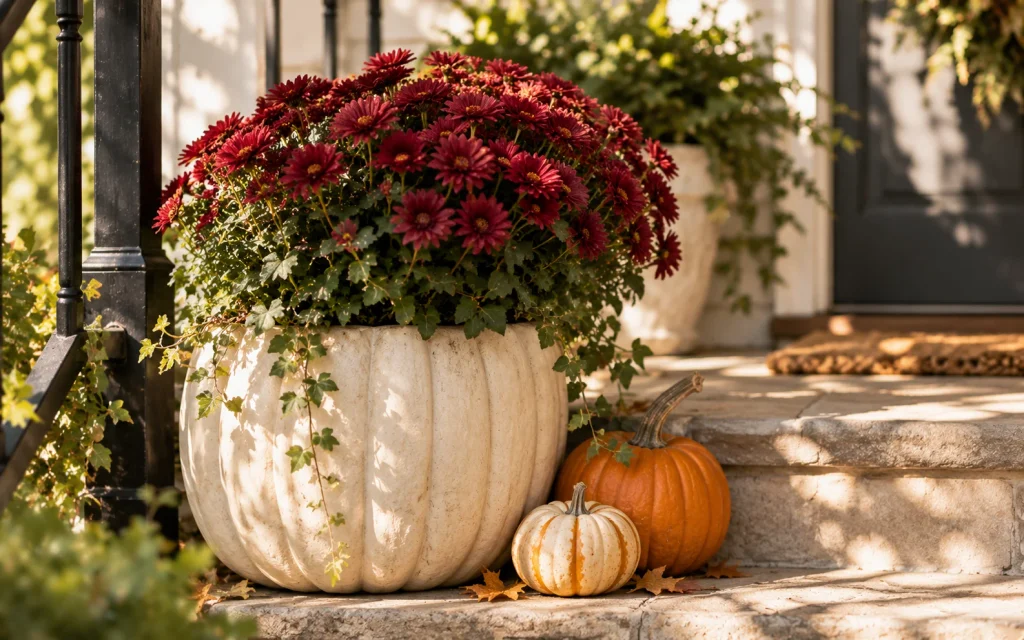 Fall Front Porch Decor 2026: 21 Cozy Budget-Friendly Ideas 17 Medium close-up of a large cream faux pumpkin turned into a planter