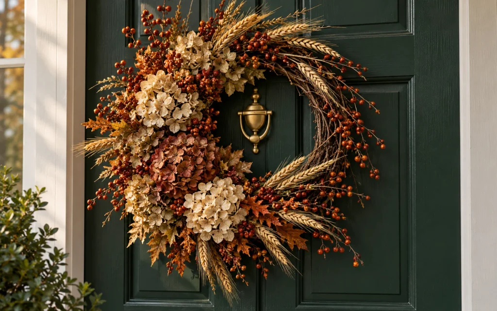 Fall Front Porch Decor 2026: 21 Cozy Budget-Friendly Ideas 6 Medium shot of a large asymmetrical fall wreath made of dried hydrangea