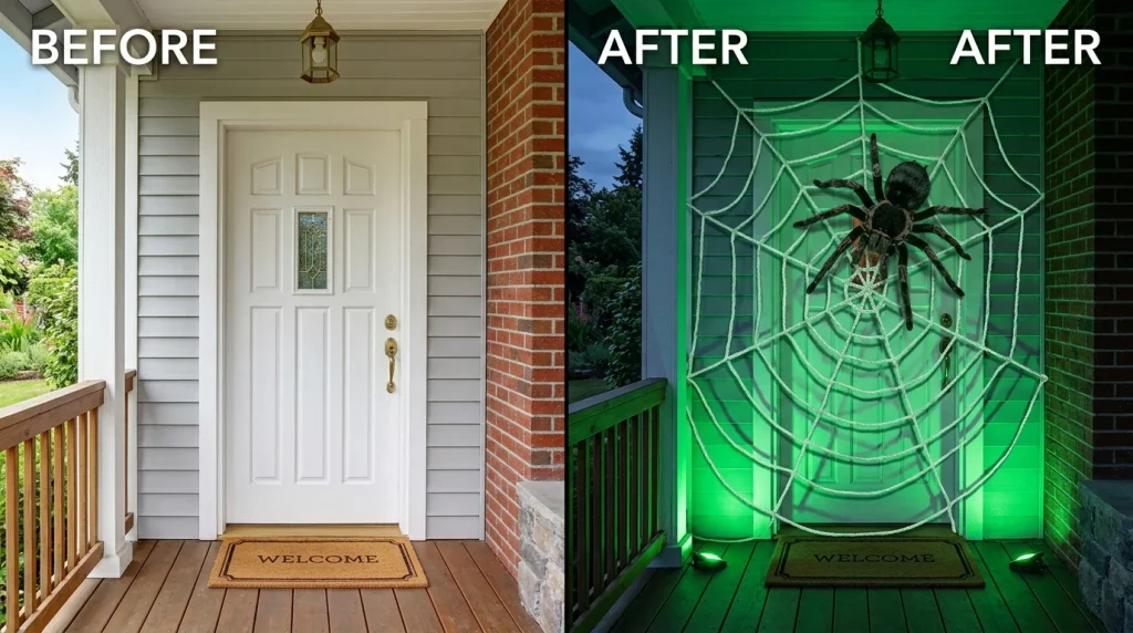 Split-screen before and after on the same front porch