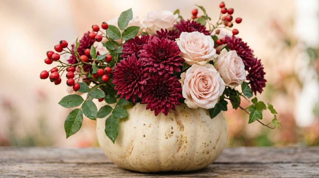 Fall Centerpieces for Table: 10 Easy DIY Ideas for Autumn 7 Pumpkin vase holding flowers and… 20261001033745