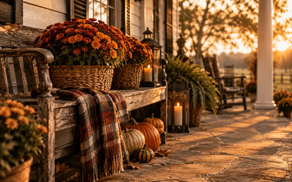 Fall Front Porch Decor 2026: 21 Cozy Budget-Friendly Ideas 14 Wide shot of a farmhouse porch with a hay bale topped by white and orange pumpkins