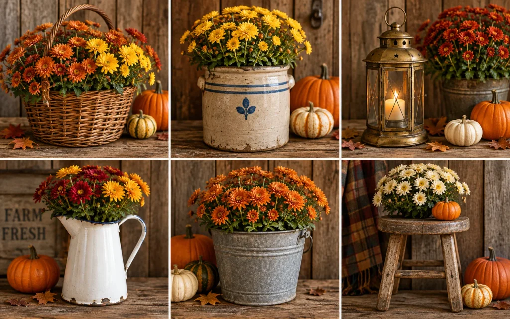 Fall Front Porch Decor 2026: 21 Cozy Budget-Friendly Ideas 21 Six-panel thrift haul collage: a woven basket, stoneware crock