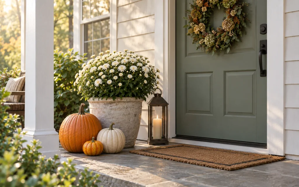 Fall Front Porch Decor 2026: 21 Cozy Budget-Friendly Ideas 23 Small-porch scene from a three-quarter angle with one wreath on a sage green door, a single large planter