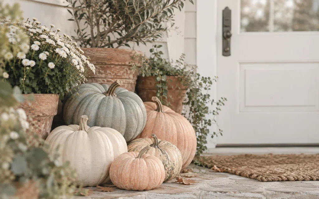 Fall Front Porch Decor 2026: 21 Cozy Budget-Friendly Ideas 15 Soft close-up of a pile of heirloom pumpkins in cream