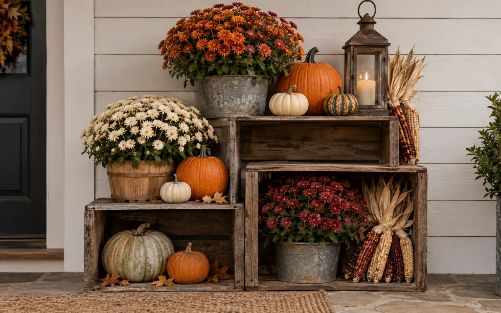 Fall Front Porch Decor 2026: 21 Cozy Budget-Friendly Ideas 11 Straight-on shot of three stacked weathered wooden crates in a staggered display holding pumpkins