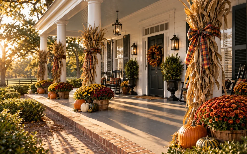 Fall Front Porch Decor 2026: 21 Cozy Budget-Friendly Ideas 7 Wide-angle shot of a white-columned porch with corn stalk bundles and plaid ribbon on each column