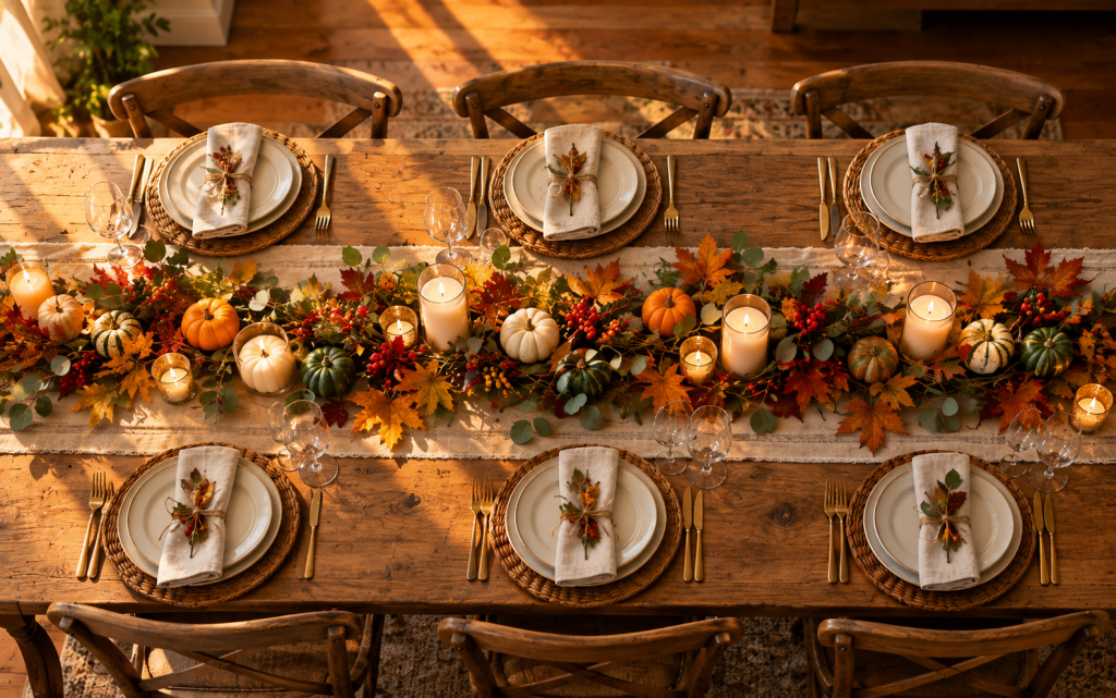 Fall Centerpieces for Table: 10 Easy DIY Ideas for Autumn 6 Wide overhead shot of a long farmhouse table with a winding DIY garland of maple