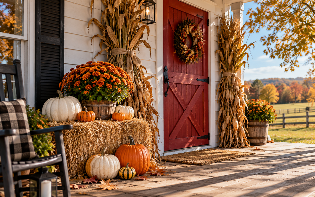 Fall Front Porch Decor 2026: 21 Cozy Budget-Friendly Ideas 13 Wide shot of a farmhouse porch with a hay bale topped by white and orange pumpkins