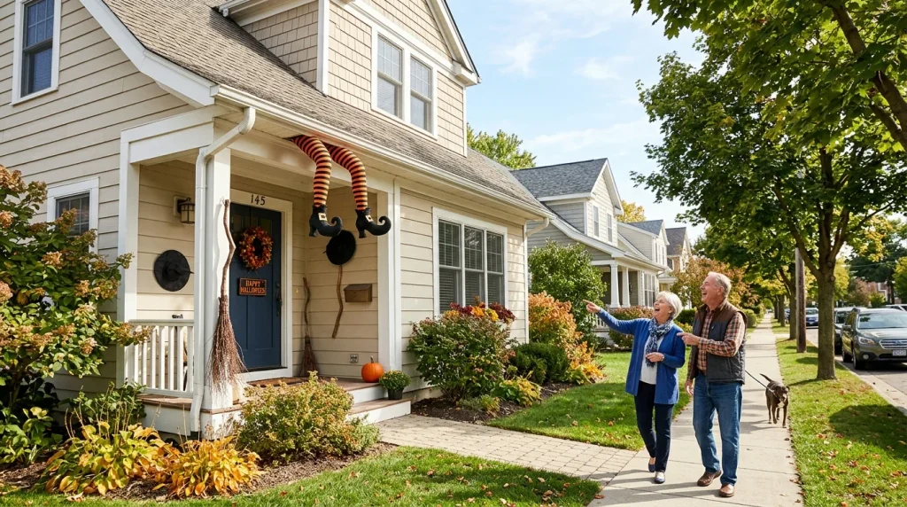 Bright, humorous wide lifestyle shot in full sunny daylight of a suburban house 