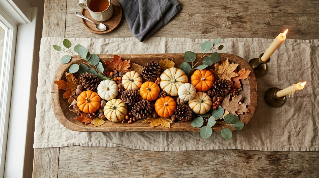 Fall Centerpieces for Table: 10 Easy DIY Ideas for Autumn 2 Wooden dough bowl with autumn 20261001033127
