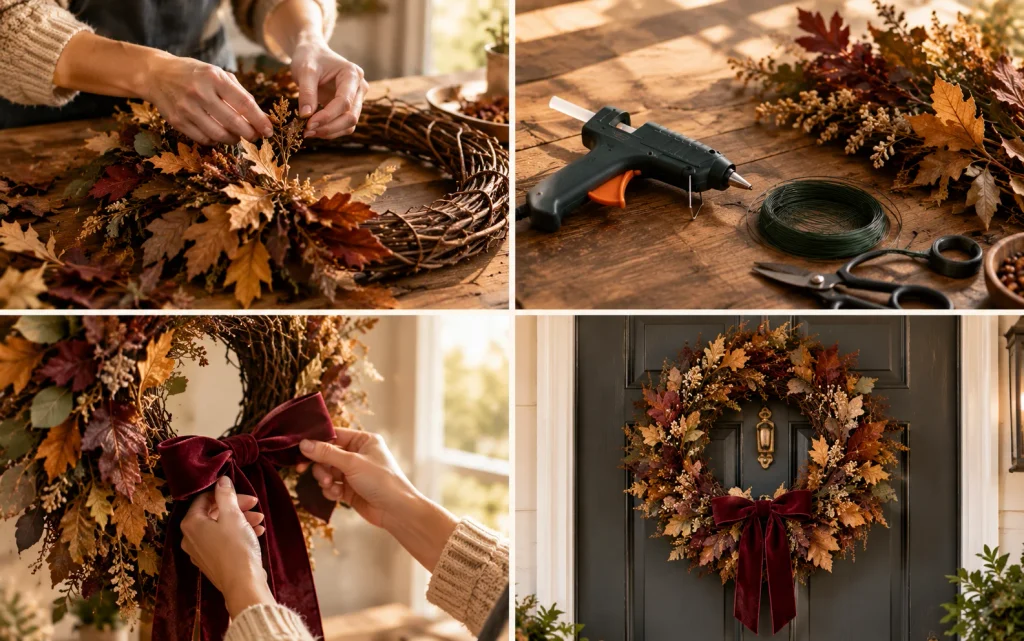 Fall Front Porch Decor 2026: 21 Cozy Budget-Friendly Ideas 16 hands attaching dried leaves to a grapevine wreath