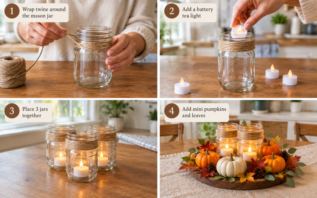 Fall Centerpieces for Table: 10 Easy DIY Ideas for Autumn 5 hands wrapping twine around a mason jar