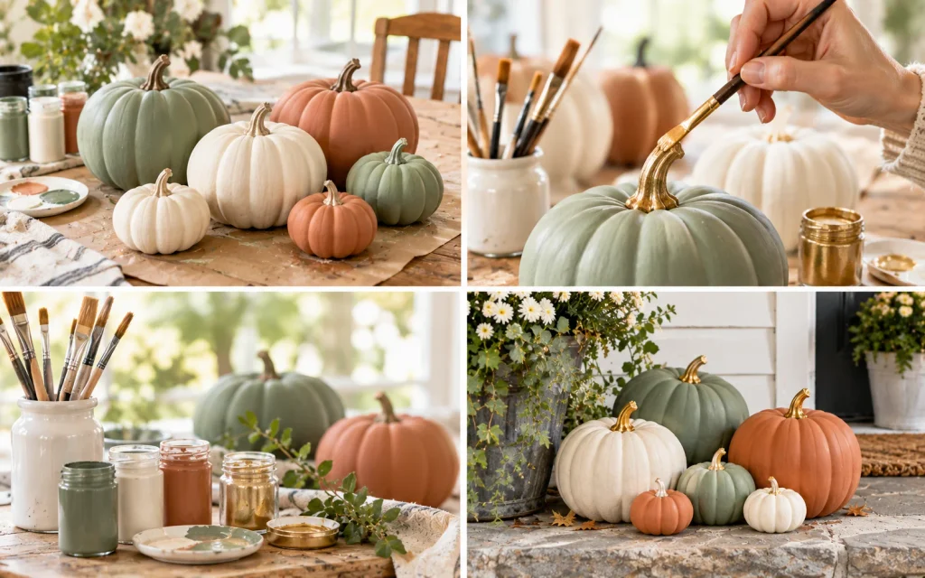 Fall Front Porch Decor 2026: 21 Cozy Budget-Friendly Ideas 19 matte sage, cream, and terracotta pumpkins drying on a table