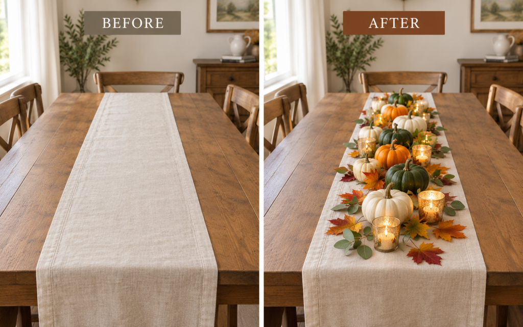 Fall Centerpieces for Table: 10 Easy DIY Ideas for Autumn 3 shows a bare wooden dining table with a plain linen runner