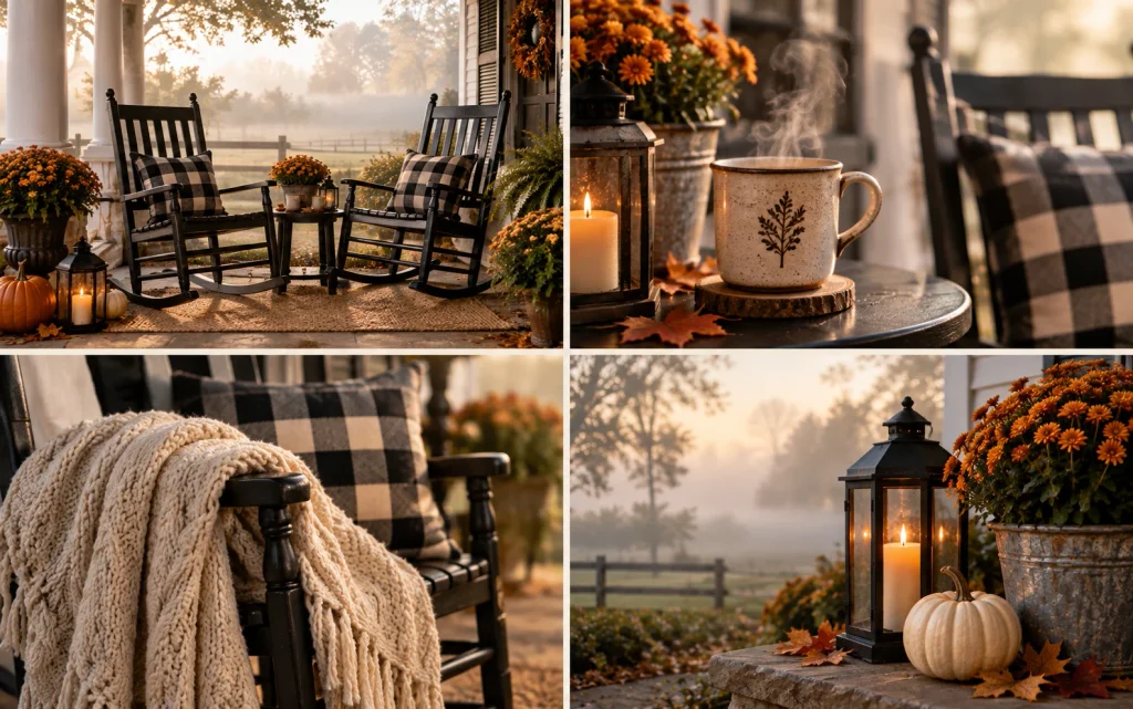 Fall Front Porch Decor 2026: 21 Cozy Budget-Friendly Ideas 10 Four-panel cozy seating collage: two rocking chairs with a buffalo plaid pillow