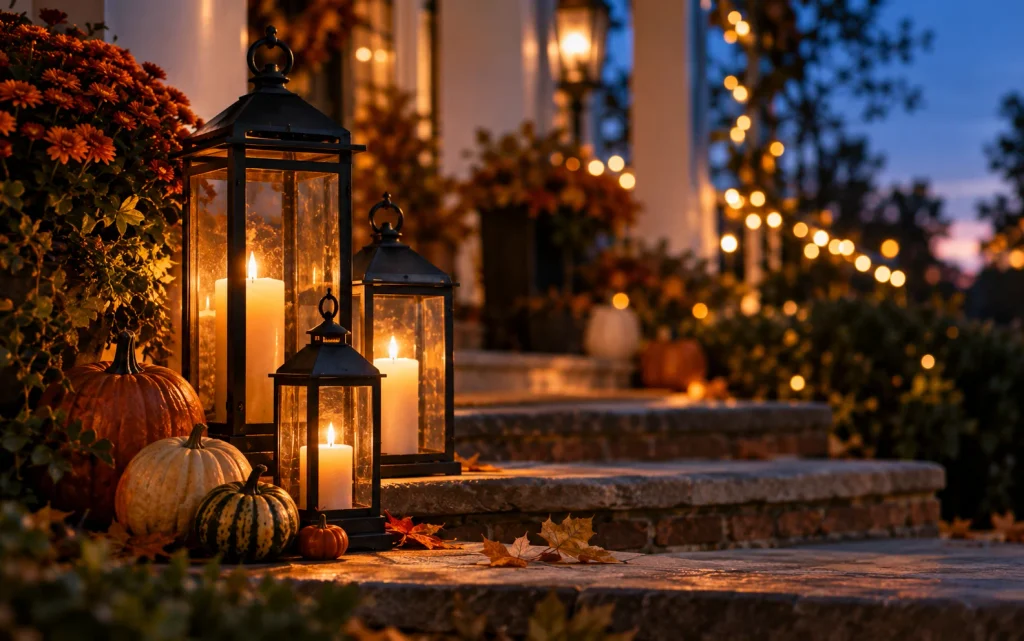Fall Front Porch Decor 2026: 21 Cozy Budget-Friendly Ideas 9 usk close up of three lanterns of different heights glowing on porch steps beside small pumpkins