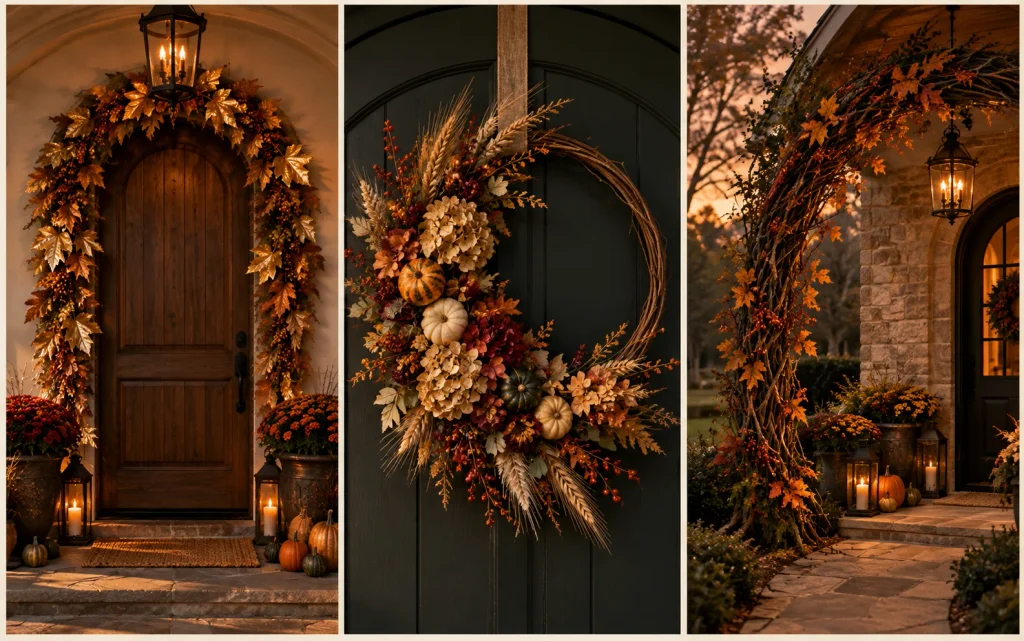 Fall Front Porch Decor 2026: 21 Cozy Budget-Friendly Ideas 8 Three-panel collage of an arch-themed porch: