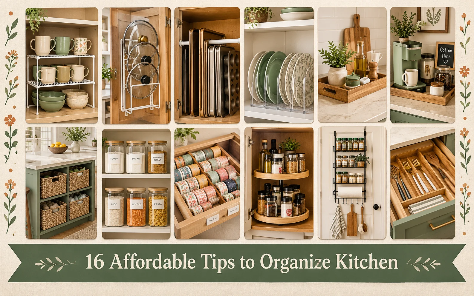 Affordable Tips to Organize Kitchen: 16 Easy Pinterest Ideas 24 Pinterest collage of 16 affordable tips to organize kitchen cabinets, pantry, and counters