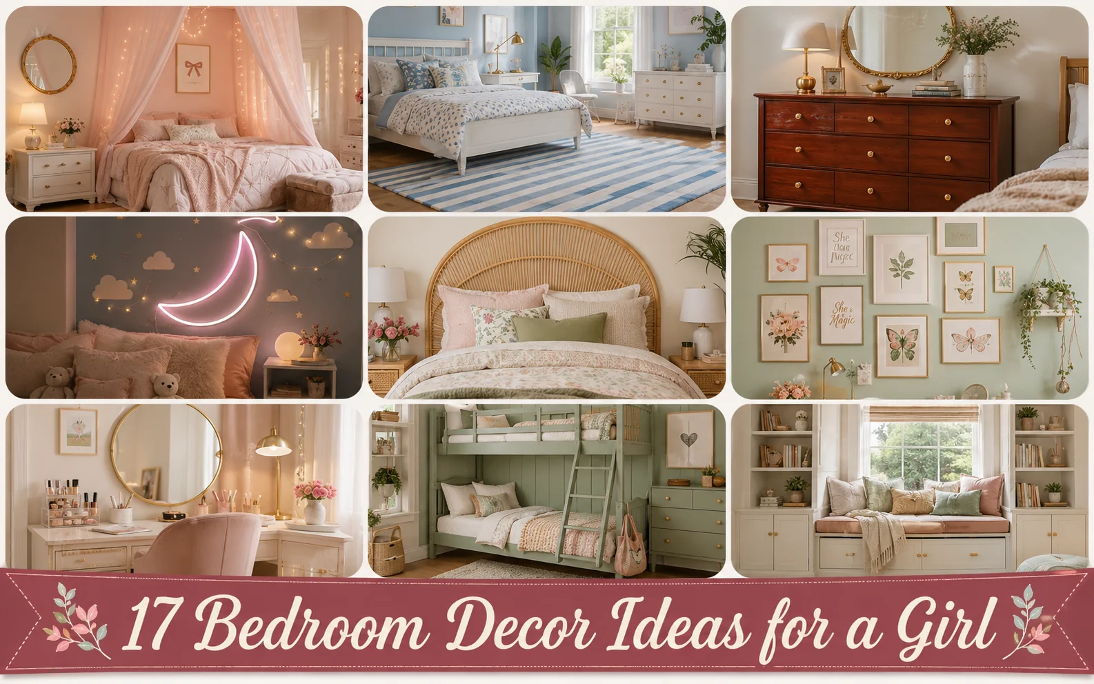 17 Bedroom Decor Ideas for a Girl: Cozy, Chic & Aesthetic 14 Collage of 17 bedroom decor ideas for a girl in blush, blue, and sage