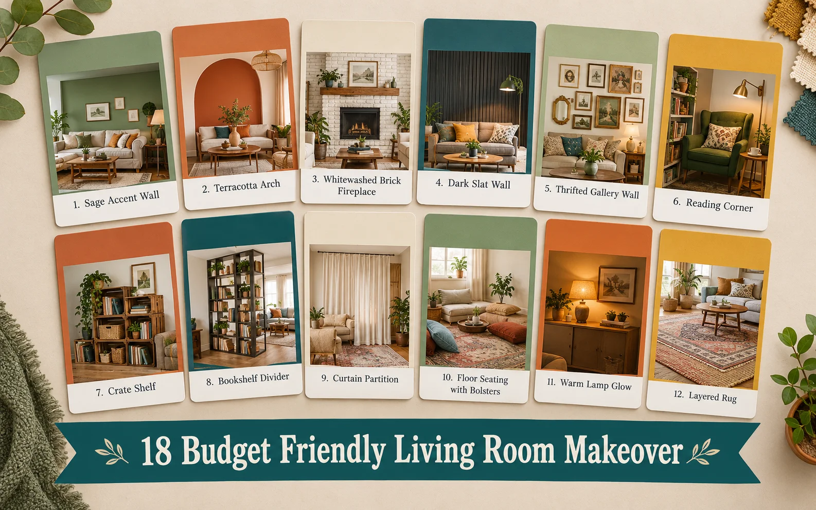 18 Budget Friendly Living Room Makeover: Cozy, Bold & Easy 6 Paint chip collage of 18 budget friendly living room makeover ideas