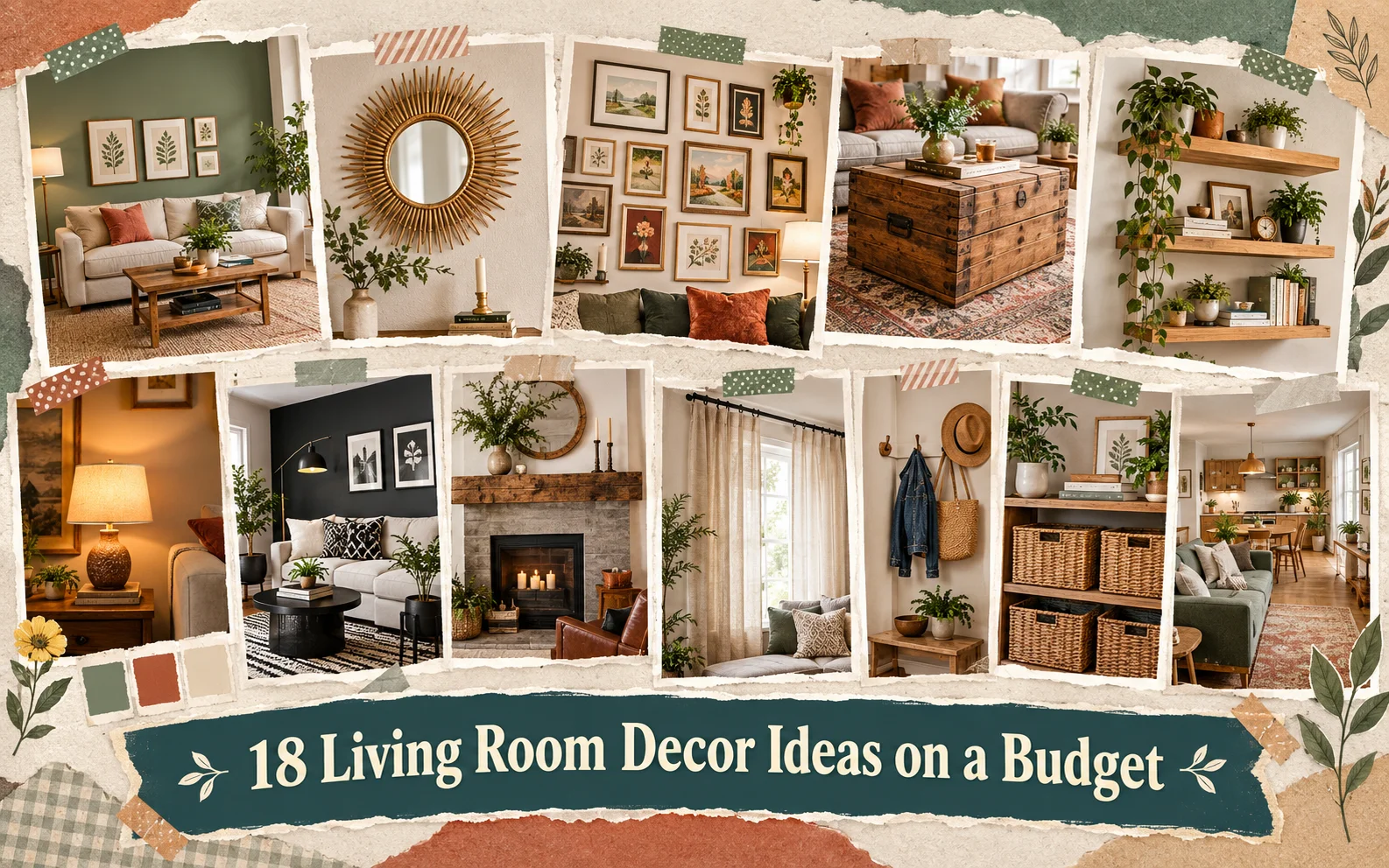 Scrapbook collage of 18 living room decor ideas on a budget in sage and oak