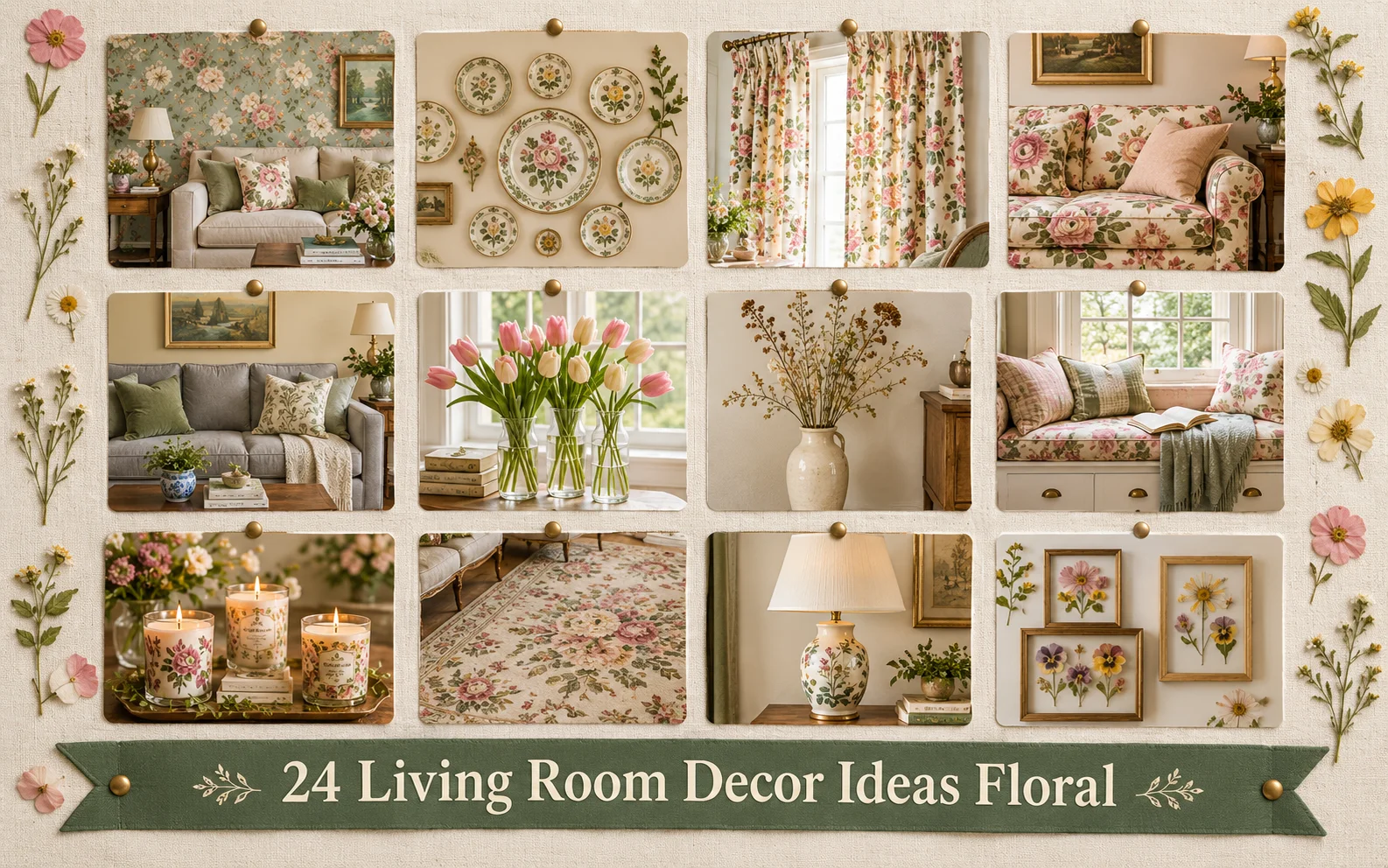 Collage of 24 living room decor ideas floral in blush, sage, and cream