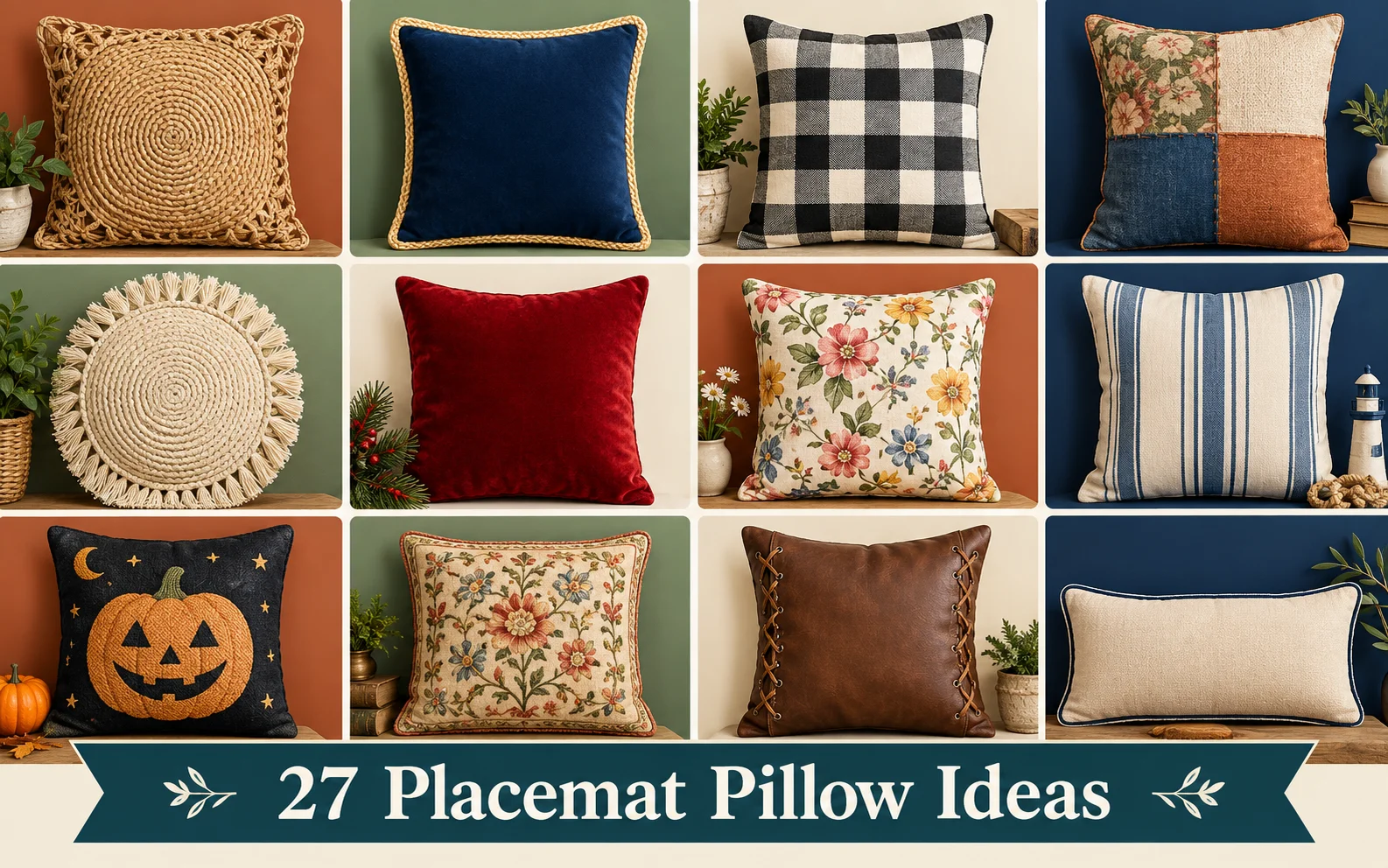 Placemat Pillow Ideas: 27 Easy No-Sew DIY Projects to Try 1 Collage of 27 placemat pillow ideas in coral, teal, and gold