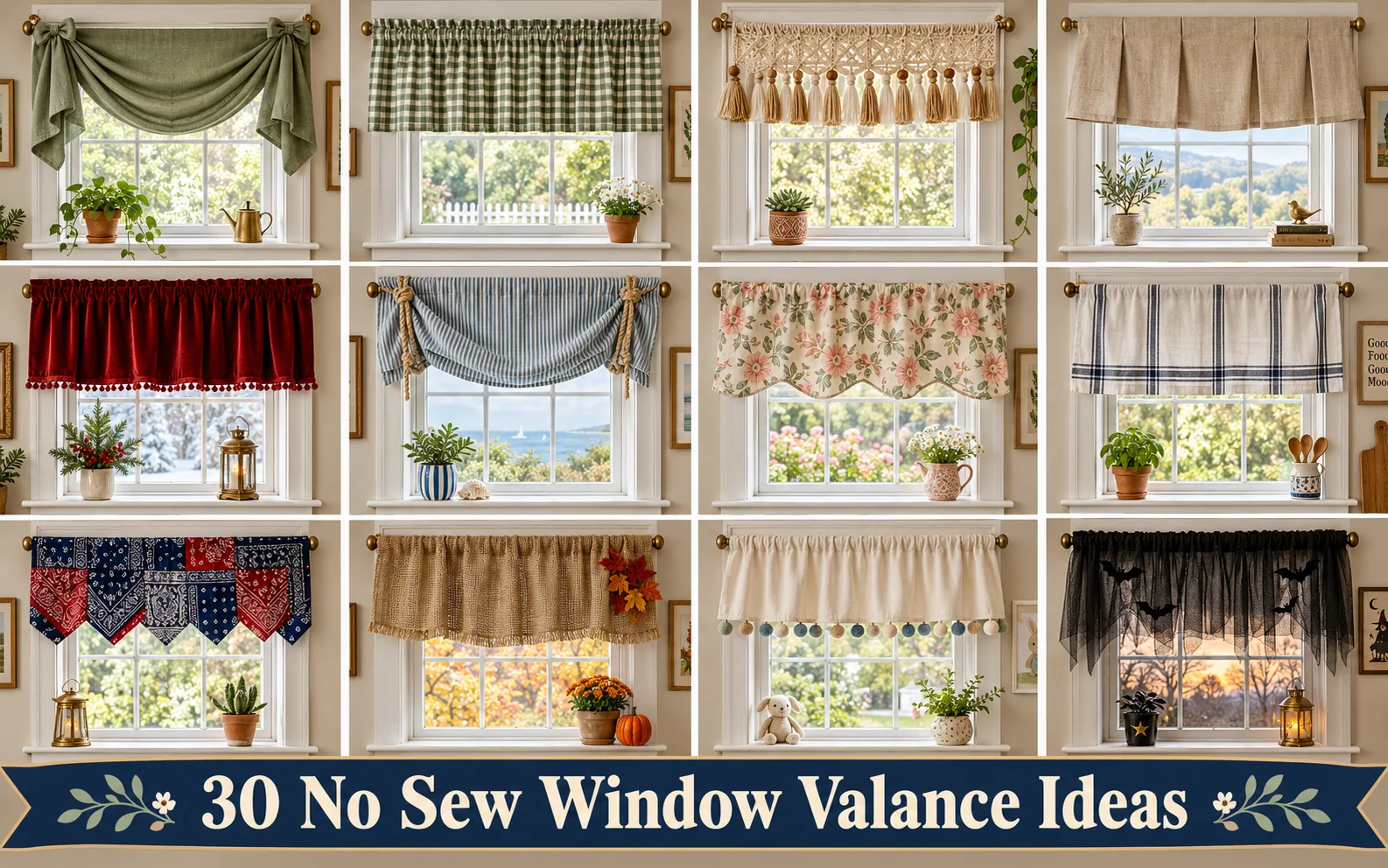 No Sew Window Valance Ideas: 30 Easy DIY Looks for Any Room 2 Collage of 30 no sew window valance ideas in sage, cream, and navy
