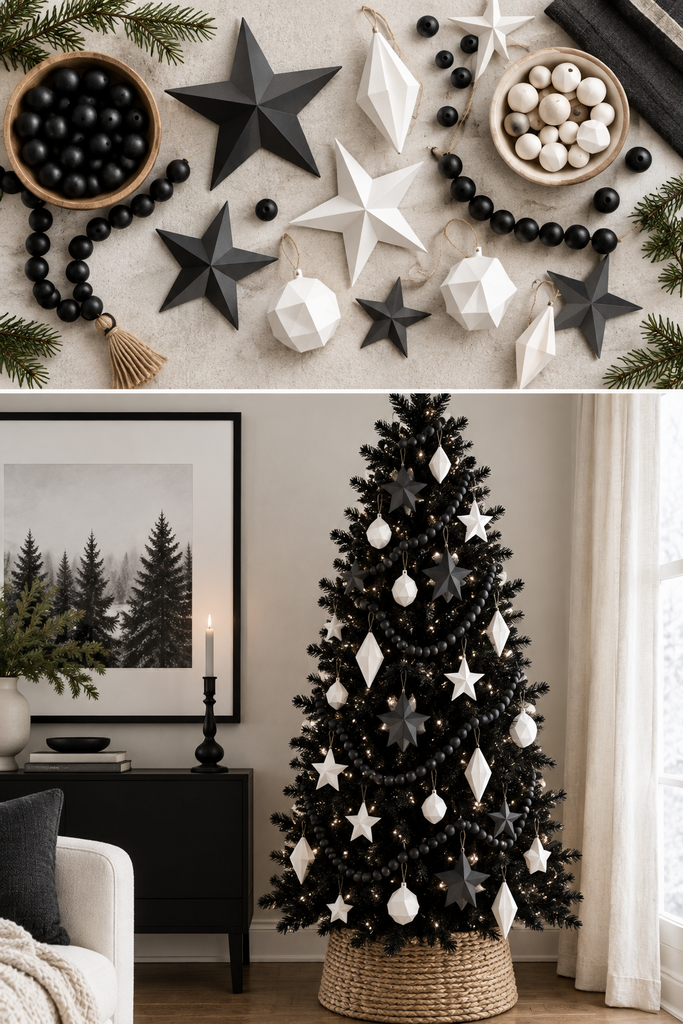 Black Christmas Tree Ideas: 13 Bold Looks 3 black-and-white-christmas-decor-minimal-scandinavian.webp