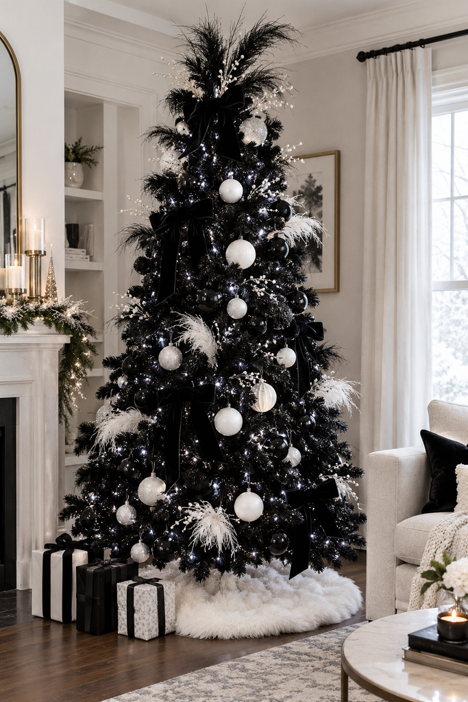 Black Christmas Tree Ideas: 13 Bold Looks 1 black-and-white-christmas-tree-classic.webp