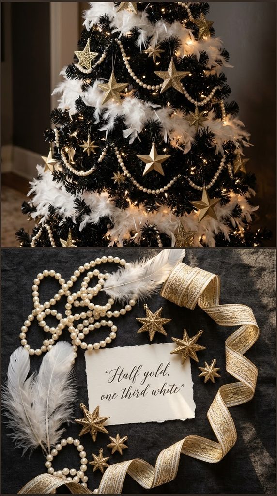 Black Christmas Tree Ideas: 13 Bold Looks 5 black-christmas-tree-ideas-white-gold-pearls.webp