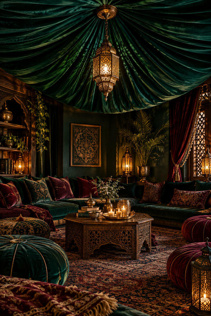 Moroccan tent fabric ceiling in emerald velvet with a gold ring and brass lanterns in a den
