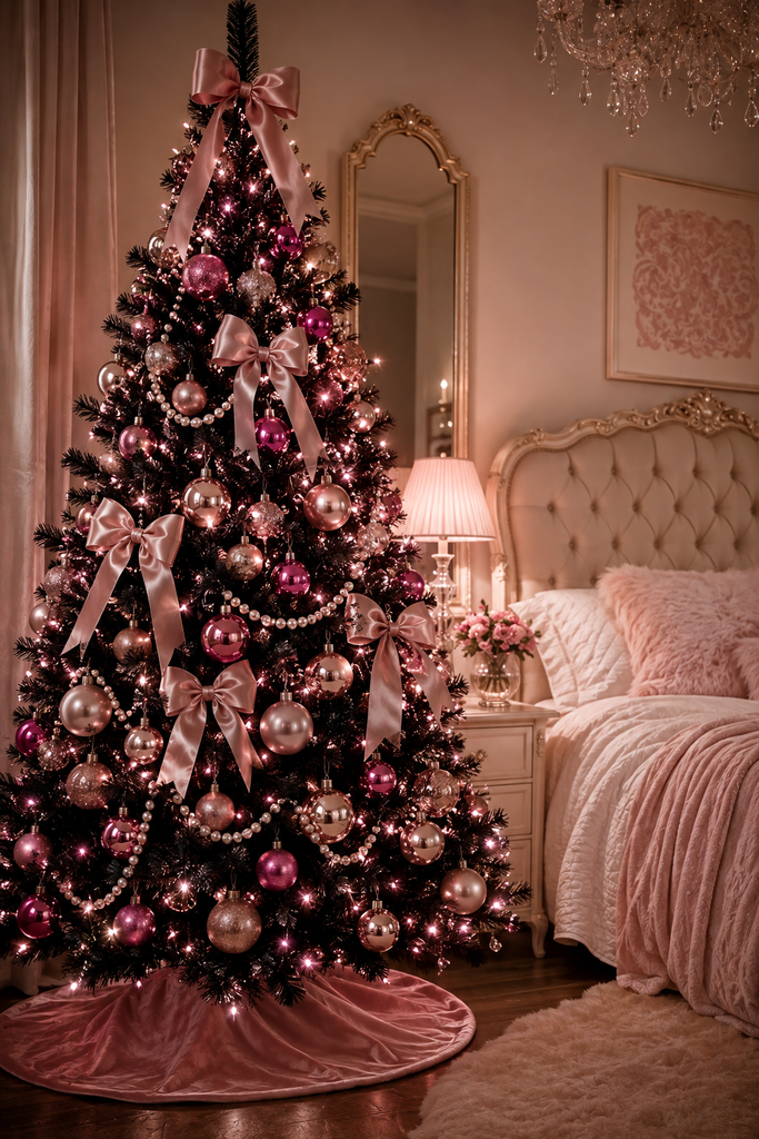 Black Christmas Tree Ideas: 13 Bold Looks 7 black-christmas-tree-ideas-pink-pearls.webp