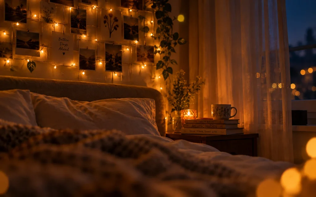17 Bedroom Decor Ideas for a Girl: Cozy, Chic & Aesthetic 3 Aesthetic girl bedroom with warm fairy lights glowing above the bed