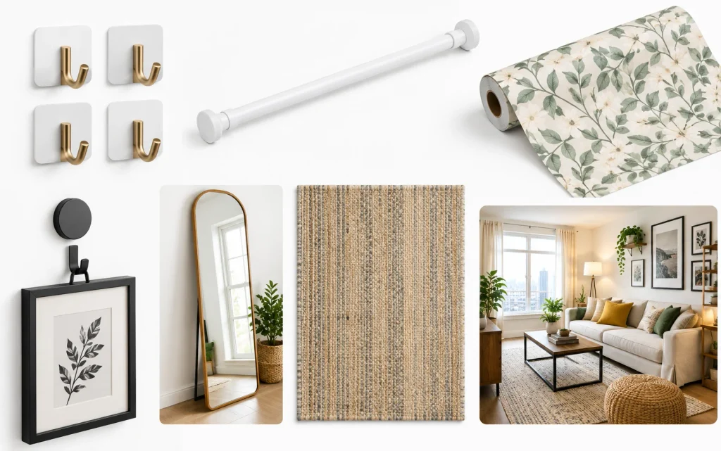 Damage-free rental decor tools including hooks, tension rod, and peel-and-stick wallpaper