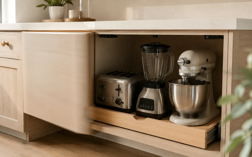 Affordable Tips to Organize Kitchen: 16 Easy Pinterest Ideas 16 Cabinet door opening to reveal a toaster, blender, and mixer in an appliance garage