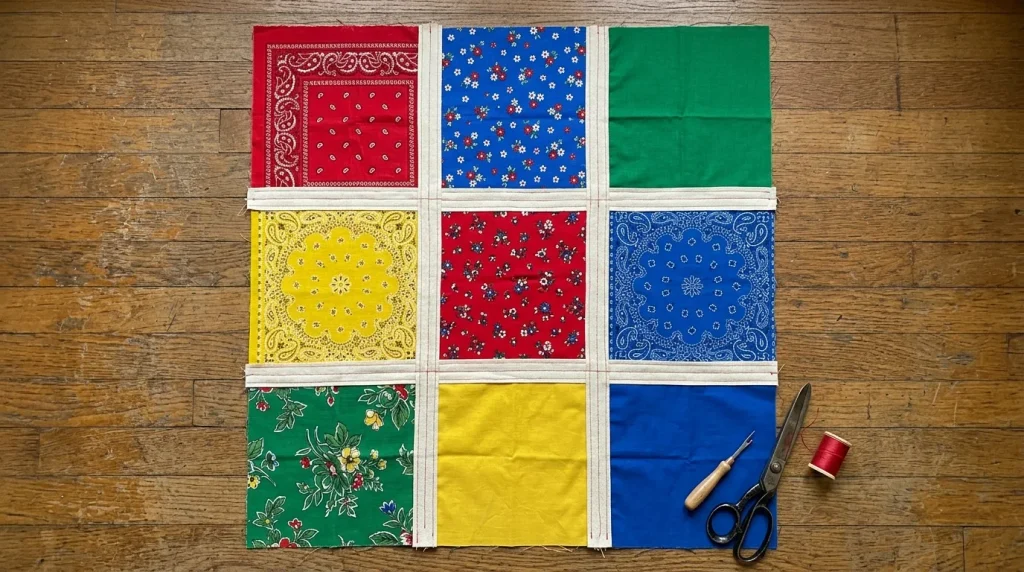 No Sew Window Valance Ideas: 30 Easy DIY Looks for Any Room 18 Bandana patchwork valance layout in bold paisley and floral prints