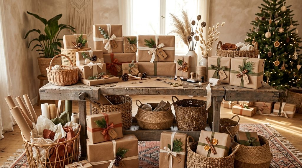 15 Dreamy Boho Christmas Living Room Ideas for a Cozy 2026 Makeover 7 basket-gift-station.