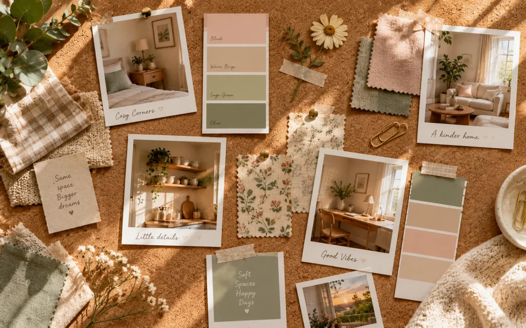17 Bedroom Decor Ideas for a Girl: Cozy, Chic & Aesthetic 1 Moodboard of bedroom decor ideas for a girl with swatches and polaroids